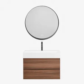 Ona Zwevend Badkamermeubelset Van Hout En Essenfineer Met Geïntegreerde Wastafel Donker Hout & Round Led And Antifog Zwart Ø80 Cm - Sklum