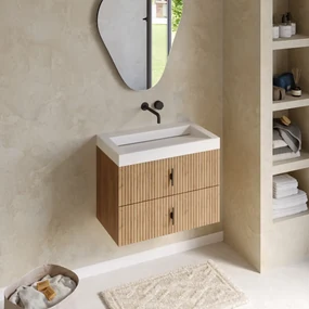 Muebles Estella badmeubel ribbelfront 80cm warm eiken met solid surface wastafel zonder kraangat