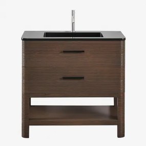 Badmeubelset 90x50 Cm Van Hout Met Geïntegreerde Wastafel Misene Donker Hout & Spiegelloze & Geborsteld Grijs ↑20 Cm Met - Sklum