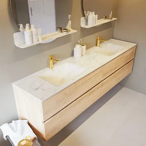 Mondiaz Vica DLux badmeubel 200cm washed oak 4 lades met wastafel opalo dubbel 2 kraangaten
