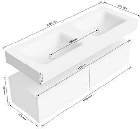 Zaro Alan badmeubel 130cm sand met 2 lades en vrijhangende wastafel dubbel zonder kraangaten wit mat