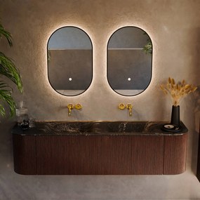 Mondiaz Kurve-dlux 170cm badmeubel ronding links/rechts ruby met 1 lade en 2 deuren en wastafel leaf dubbel zonder kraangat lava