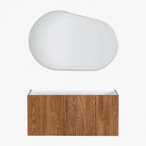 Badkamermeubelset In Hout Met Geïntegreerde Wastafel Fiore Donker Hout & Ovaal Led En Anticondens 120x80 Cm Riben & Zonder Kraan - Sklum