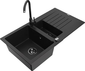 Mexen Matias granieten spoelbak 1,5-komor met afdruipplaat en keukenkraan Telma, zwart - 6502-77-670200-70-B