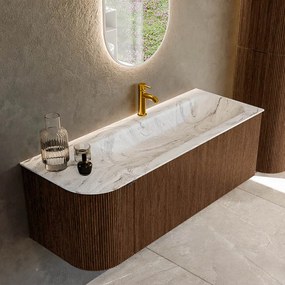 Mondiaz Kurve-dlux 125cm badmeubel ronding links walnut met 1 lade en deur en wastafel big medium kraangat rechts glace