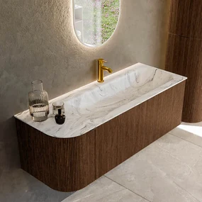 Mondiaz Kurve-dlux 125cm badmeubel ronding links walnut met 1 lade en deur en wastafel big medium kraangat rechts glace