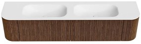Mondiaz Kurve 200cm badmeubel ronding links/rechts walnut met 2 lades en deuren en wastafel big small dubbel zonder kraangat