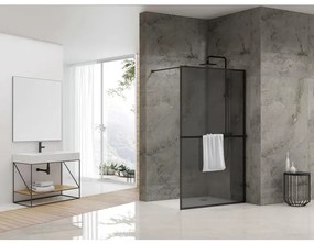 Van Rijn Products ST04 Vaste wand - 89.5x200cm - rookglas incl. stabilisatiestang - incl. handdoekhouder - zwart mat ST0490KPHGR