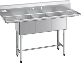 VEVOR 3-koms spoelbak met 2 afvoeren en spatbescherming, keuken spoelbak (1678 x 558 x 1097 mm), keuken spoelbak voor restaurants, foodtrucks en privégebruik, roestvrijstalen spoelbak