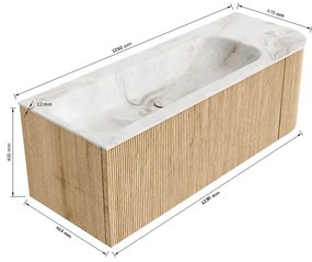 Mondiaz Kurve-dlux 125cm badmeubel ronding rechts oak met 1 lade en deur en wastafel big medium kraangat links ostra