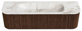 Mondiaz Kurve-dlux 160cm badmeubel ronding links/rechts walnut met 1 lade en 2 deuren en wastafel big medium midden zonder kraangat frappe
