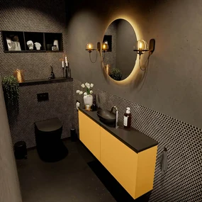 Mondiaz Fowy toiletmeubel 120cm ocher met zwarte waskom midden en kraangat