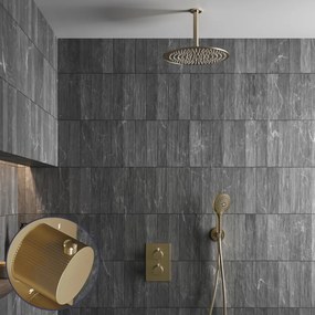 Saniclear Brass Stripes inbouw regendouche met 30cm hoofddouche, plafondarm en 2 standen handdouche geborsteld messing - mat goud