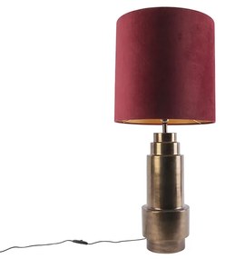Art deco tafellamp brons velours kap rood met goud 40 cm - Bruut