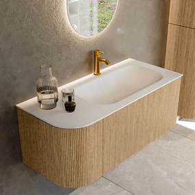 Mondiaz Kurve 105cm badmeubel ronding links oak met 1 lade en deur en wastafel big small kraangat rechts