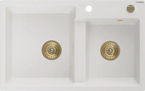 Mexen Tomas granieten gootsteen met 2 kamers 800 x 500 mm, wit, gouden sifon - 6516802000-20-G