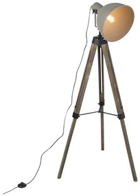 Industriële vloerlamp op houten tripod met grijze kap - Laos