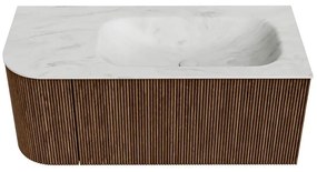 Mondiaz Kurve-dlux 105cm badmeubel ronding links walnut met 1 lade en deur en wastafel big small kraangat rechts opalo