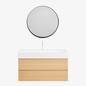 Badkamermeubelset Van Hout En Essenhoutfineer Met Geïntegreerde Wastafel Ona Natuurlijk Hout & Round Led And Antifog Zwart Ø80 Cm Kimacs - Sklum