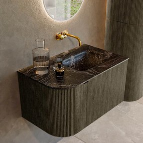 Mondiaz Kurve-dlux 75cm badmeubel ronding links shadow met 1 lade en deur en wastafel grunne rechts zonder kraangat lava
