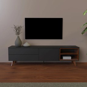 Tenzo Plain Mat Zwart Tv-meubel Met Walnoot Open Vak - 210x45x57cm.