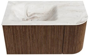 Mondiaz Kurve-dlux 85cm badmeubel ronding rechts walnut met 1 lade en deur en wastafel cloud kraangat links frappe