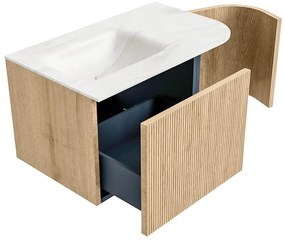 Mondiaz Kurve-dlux 75cm badmeubel ronding rechts oak met 1 lade en deur en wastafel grunne kraangat links ostra