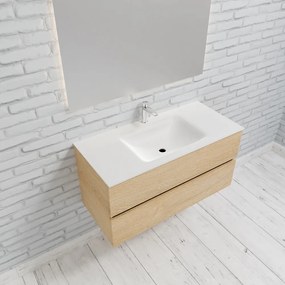 Zaro Valencia Solid Surface badmeubel 100cm licht eiken 1 kraangat spoelbak midden met 2 lades