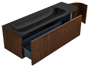 Mondiaz Kurve 145cm badmeubel ronding rechts walnut met 1 lade en deur en wastafel big large links 2 kraangaten urban