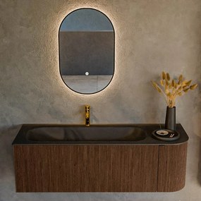 Mondiaz Kurve 135cm badmeubel ronding rechts walnut met 1 lade en deur en wastafel big medium kraangat links urban