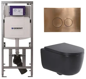 QeramiQ Dely Swirl Toiletset - 36.3x51.7cm - Geberit UP320 Burda inbouwreservoir - 35mm zitting - koperen bedieningsplaat - ronde knoppen - mat zwart 0701131/SW706196/SW1000769/SW106258