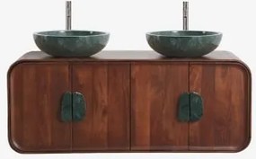 Dubbel Zwevend Badkamermeubelset 130x45 Cm Van Mangohout En Natuurlijke Kivalina-steen Groen Marmer Uit Udaipur - Donker Mangohout & 2 X Onde Groene -