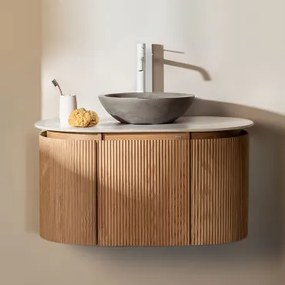 Carsone Hangend Badkamermeubelset Van Hout Natuurlijk Hout & Zonder Extra Eenheid & Rond Grijs Cement Ø40 Cm Tarsis & Spiegelloze & Wit - Sklum