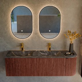 Mondiaz Kurve-dlux 145cm badmeubel ronding rechts ruby met 1 lade en deur en wastafel leaf dubbel/links 2 kraangaten lava