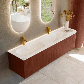 Mondiaz Kurve-dlux 175cm badmeubel ronding rechts ruby met 2 lades en 1 deur en wastafel stor small dubbel/links 2 kraangaten frappe