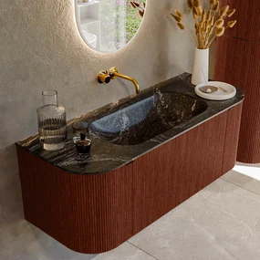 Mondiaz Kurve-dlux 120cm badmeubel ronding links/rechts ruby met 1 lade en 2 deuren en wastafel big small midden zonder kraangat lava