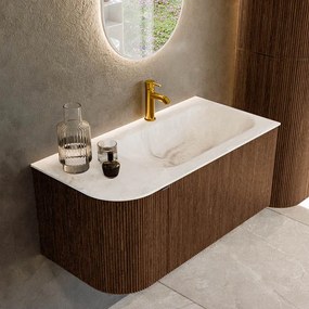 Mondiaz Kurve-dlux 95cm badmeubel ronding links walnut met 1 lade en deur en wastafel big small kraangat rechts frappe