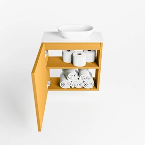 Mondiaz Fowy toiletmeubel 50cm ocher met witte waskom rechts en kraangat