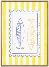 Ingelijste digitale print Blue and Yellow Fish Stamp on Yellow Stripes van Jolly and Dash