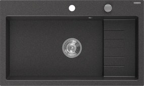 Mexen Omar granieten gootsteen, 1-komors, 800 x 480 mm, zwart gespikkeld, sifon chroom - 6520801005-76