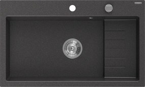 Mexen Omar granieten gootsteen, 1-komors, 800 x 480 mm, zwart gespikkeld, sifon chroom - 6520801005-76