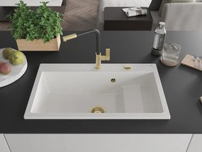 Mexen Omar granieten gootsteen 1-komorige 800 x 480 mm, wit, gouden sifon - 6520801005-20-G