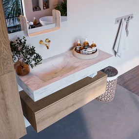 Mondiaz Alan DLux badmeubel 110cm washed oak 1 lade met wastafel opalo links zonder kraangat