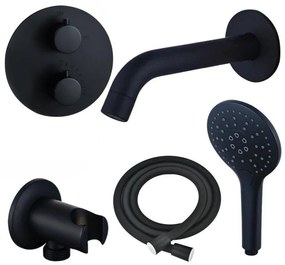 Fortifura Calvi Badkraan set - uitloop - 22cm inkortbaar - rond bedieningspaneel - gladde slang - ronde handdouche - inbouwdeel - wandhouder - mat zwart SW542644/SW706210/SW721167/SW1122511/SW496816/SW11