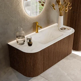 Mondiaz Kurve-dlux 110cm badmeubel ronding links/rechts walnut met 1 lade en 2 deuren en wastafel cloud midden 1 kraangat opalo