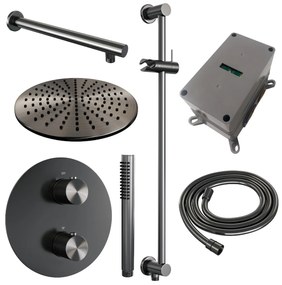 Brauer Gunmetal Carving thermostatische inbouw regendouche met staafhanddouche, rechte muurarm, glijstang en hoofddouche 30cm set 86 gunmetal geborsteld PVD