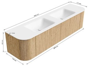 Mondiaz Kurve 180cm badmeubel ronding links/rechts walnut met 2 lades en deuren en wastafel cloud dubbel zonder kraangat urban