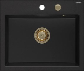Mexen Oscar granieten gootsteen 1-komorige 580 x 490 mm, zwart, gouden sifon - 6519581000-77-G