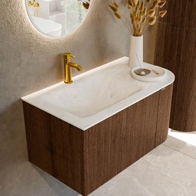 Mondiaz Kurve-dlux 85cm badmeubel ronding rechts walnut met 1 lade en deur en wastafel cloud kraangat links opalo