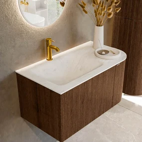 Mondiaz Kurve-dlux 85cm badmeubel ronding rechts walnut met 1 lade en deur en wastafel cloud kraangat links opalo